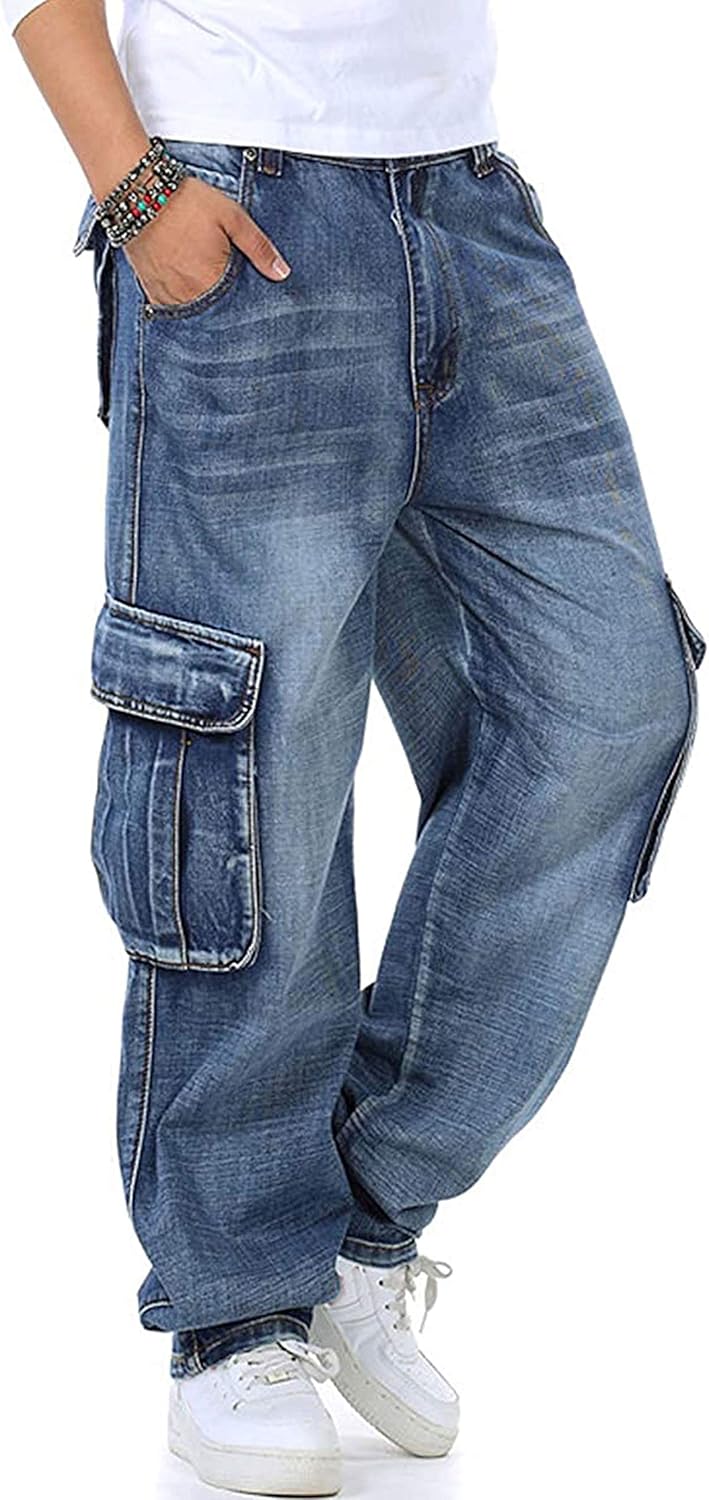 men casual loose hip hop denim work pants jeans with cargo pockets