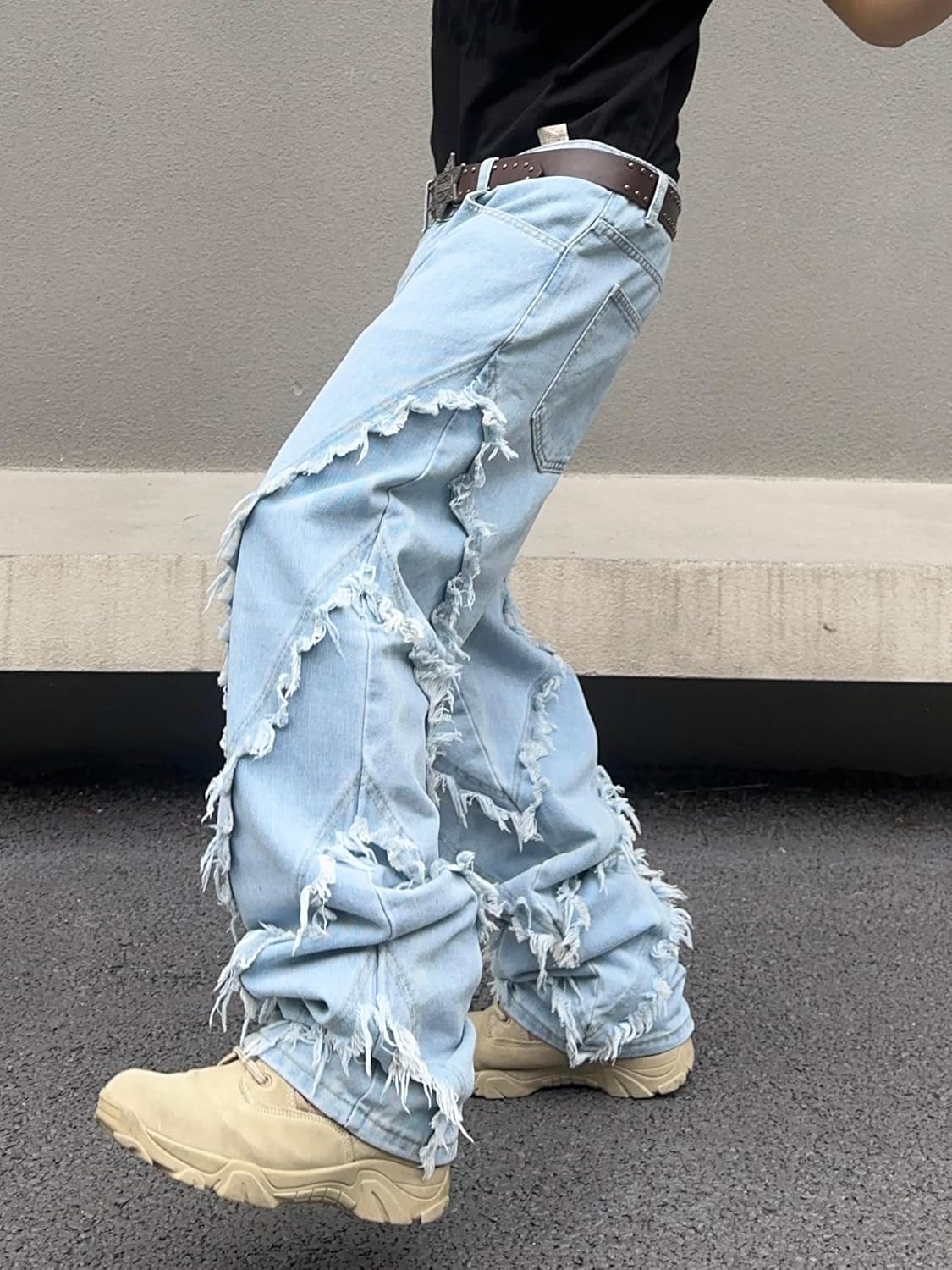 men baggy jeans street rock style fringe frayed edges jeans patchwork wide leg skater denim pant